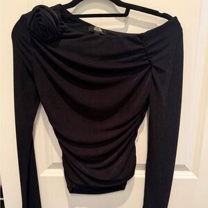 Aqua Black Long-Sleeve Ruched Draped Top with Shoulder Rosette